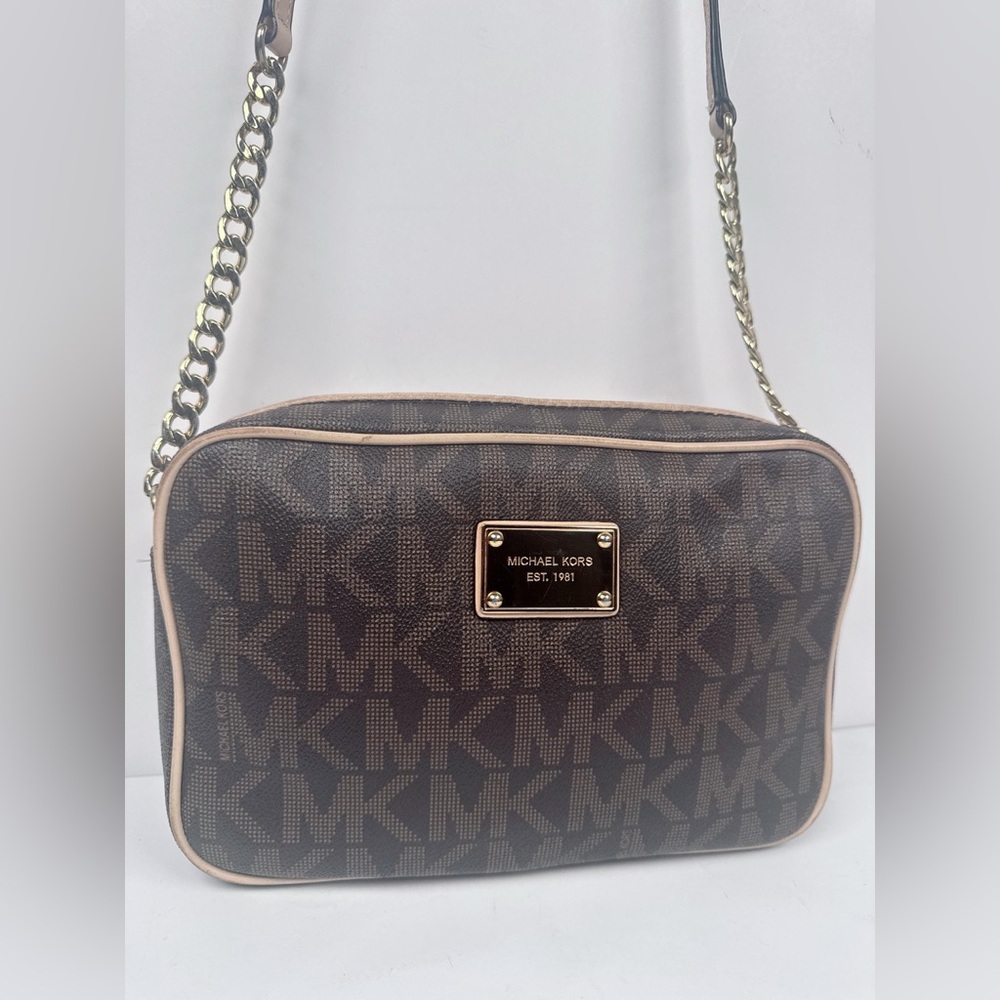 Michael Kors Jet Set Small Brown/Beige Leather MK Signature Messenger Bag